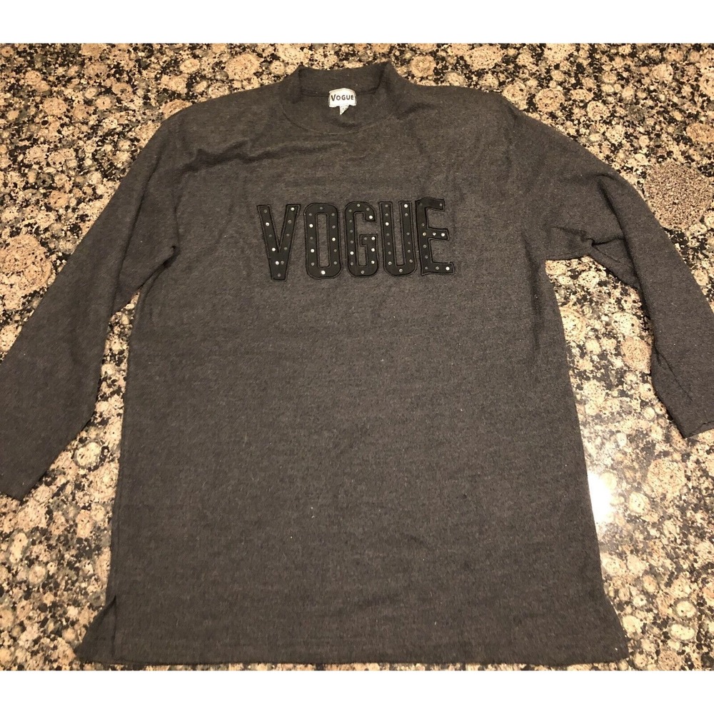 Vintage Vogue Brand Pullover Logo‎ Sweater Gray Medium 90s W/ Shoulder Pads Nice
